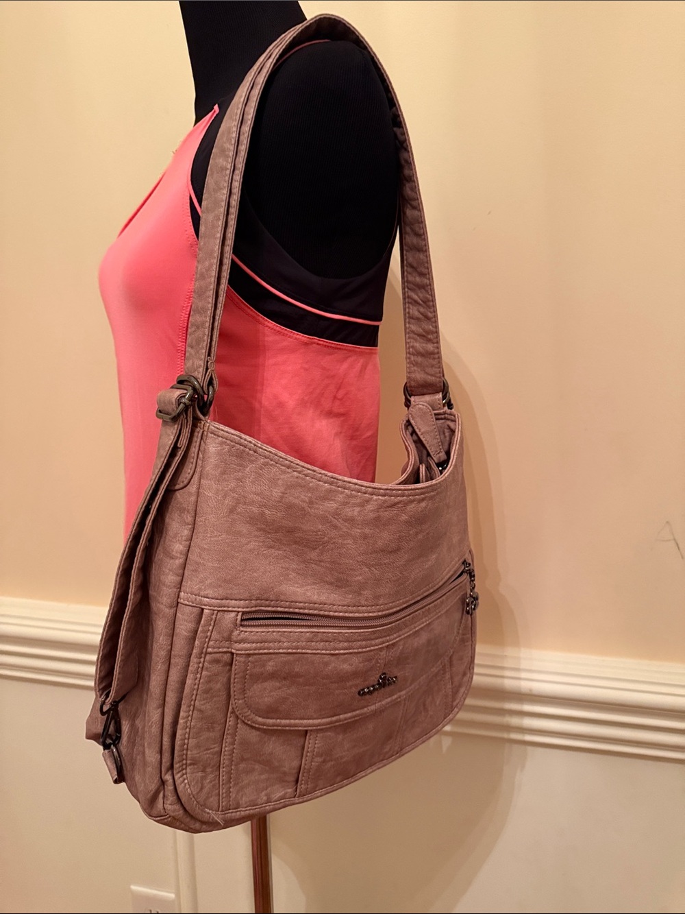 Angel Kiss Washed Vegan Leather Crossbody Bag Mauve Taupe Multi-Pocket Purse